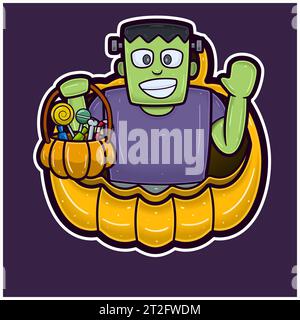 Grüner Zombie Auf Big Pumpkin Cartoon. Halloween-Aufkleber-Logo. Vektoren und Illustrationen. Stock Vektor