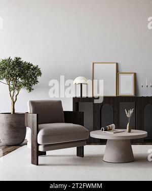 Modernes graues Wohnzimmer mit Sessel, Konsole und Baumhintergrund. Dunkles, luxuriöses Innendesign. 3D-Rendering-Modell. Hochwertige 3D-Illustration Stockfoto