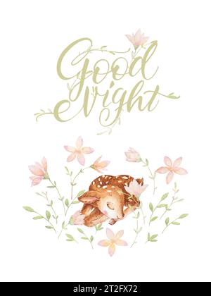 Little Deer Sleeping Watercolor Fawn, Waldtiere, Baby Deer Watercolor, Aquarellblumen, Gute Nacht Schriftzug, Baby-Poster, Handgezeichnetes Wasserbild Stockfoto