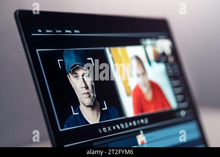 Deep Fake, KI und Gesichtswechsel bei der Videobearbeitung. Deepfake und maschinelles Lernen. Gesichtserkennung, -Erkennung und -Erkennung. Digitale Identität. Stockfoto