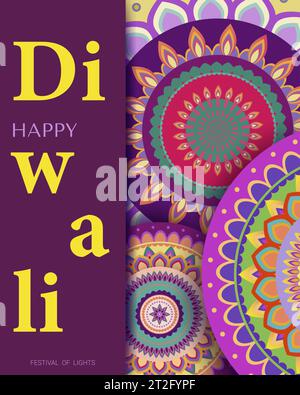 Happy Diwali. Violetter Hintergrund mit Diwali-Blumenelementen und Mandala-Mustern. Vektor Stock Vektor