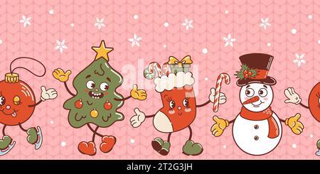 Schneemann, Weihnachtsbaum und Strumpf und Tanz, Ball ist Schlittschuhlaufen. Niedliche alte Retro-Charaktere im Cartoon-Stil. Horizontaler nahtloser Rahmen. Gestrickt Stock Vektor