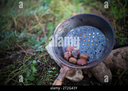 Kastanien im Freien in einer perforierten Pfanne mit Löchern rösten. Camping im Herbst Idee. Stockfoto