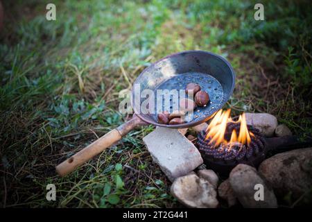 Kastanien im Freien in einer perforierten Pfanne auf einem Gasbrenner-Lagerfeuer rösten. Camping im Herbst Idee. Stockfoto