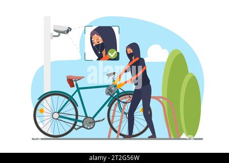 Kontrolle und Hilfe bei der Aufklärung von Straftaten durch Vektorillustration der Gesichtserkennungstechnologie. Cartoon männlicher Dieb, der Fahrrad vom Parkplatz klaut, Identifizierung von Kriminellen Gesicht durch CCTV-Kamera an der Wand Stock Vektor