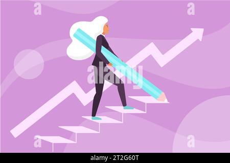 Geschäftsfrau Karriere Wachstum Vektor Illustration. Eine kleine Cartoon-Frau, die Bleistift hält, um Treppen zu zeichnen und mit Mühe hinaufzuklettern, führt nach oben, um Geschäftsziele und Erfolgsfortschritte zu erreichen Stock Vektor