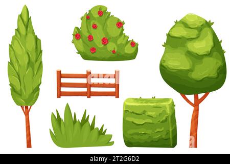 Stellen Sie den grünen Buschwald oder die Gartenpflanze mit Blättern, Bäumen, Holzzaun im Zeichentrickstil isoliert auf weißem Boden ein. Spieldekoration, Clip-Art. Vektorabbildung Stock Vektor