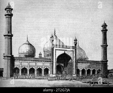 Illustration des täglichen Gottesdienstes in der Großen Moschee Delhi Indien aus dem Familienzeitschrift Sunday at Home für Sabbath Reading 1889-90 Stockfoto