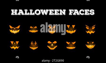 Kürbis Gesicht Halloween Clipart Set. Gruselige und gruselige Gesichter für Halloween. Stock Vektor