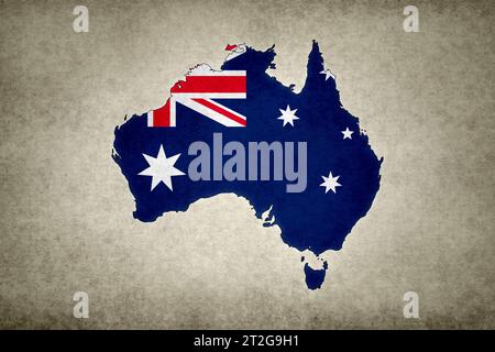 Grunge-Karte von Australien mit der Flagge innerhalb der Grenze auf einem alten Papier gedruckt. Stockfoto