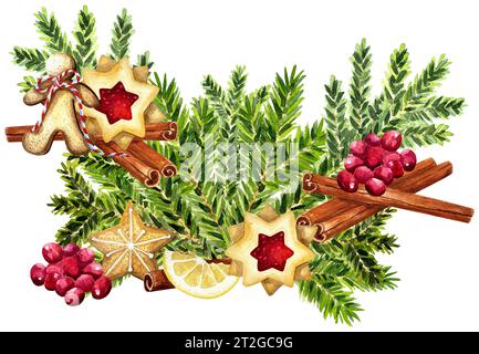 Weihnachtsdekoration Süßigkeiten Ingwerbrot Pinienblatt Beeren Aquarellillustration. Festliche Weihnachtsgrenze mit Pinienzweigen, Lebkuchenkeks, rot Stockfoto