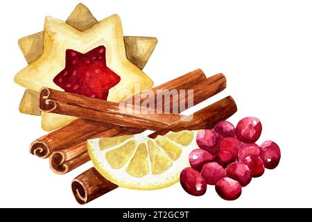 Frohe Weihnachten Tannenzweige, rote Beeren, Zitrone, Kekse und Zimt Aquarelle. Einladungsclip Art. Stockfoto