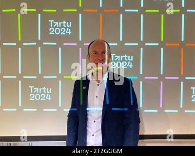 Tartu, Estland. Oktober 2023. Tartu 2024 Direktor Kuldar Leis . Estlands zweitgrößte Stadt Tartu präsentierte am Donnerstag ihr Programm als Kulturhauptstadt Europas 2024. Quelle: Alexander Welscher/dpa/Alamy Live News Stockfoto