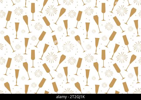 goldenes Silvester, goldenes, nahtloses Partymuster mit Sektgläsern und Feuerwerk - Vektorillustration Stock Vektor