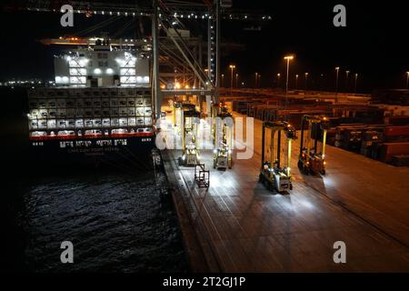 Containerschiffe, die nachts mit Portalkranen im Hafen von Kingston im Frachtbetrieb betrieben werden. Stockfoto