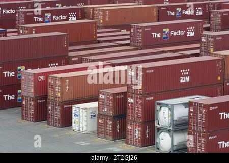 Volle rotbraune Container vom ZIM-Verlader im Frachtterminal des Hafens Kingston verstaut. Stockfoto
