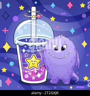 Niedliches Cartoon-Monster mit Star Drink. Vektor-Illustration eines Tieres und einer Tasse farbenfrohen Wassers auf einem dunkelblauen Hintergrund mit Sternen und Punkten. Stock Vektor