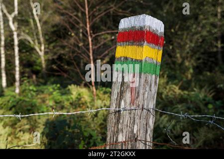 Pol mit farbenfrohen Markierungen, farbige Beschilderung der Route, GR-Pfad Altxonbide ibilbidea. GR 35, Naturpark Aralar, Guipuzcoa-Navarra, Spanien Stockfoto