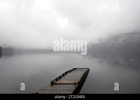 Wharf auf See in sehr starkem Nebel, sehr atmosphärisch Stockfoto