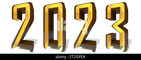 Konzept oder Konzept 2023 Jahre aus goldener Holzschriftart isoliert auf weißem Hintergrund. Eine abstrakte 3D-Illustration als Metapher für die Zukunft, Vision Stockfoto