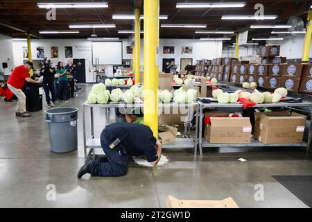 Los Angeles, USA. Oktober 2023. Die Leute machen am 19. Oktober 2023 eine Fallbohrung, Deckung und Hold-on-Erdbeben bei der L.A. Regional Food Bank in Los Angeles, Kalifornien, USA. Am Donnerstag fand in den Vereinigten Staaten eine jährliche Erdbebenübung statt, um den Menschen zu helfen, sich bei Erdbeben besser zu schützen. Quelle: Xinhua/Alamy Live News Stockfoto