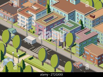 Illustration der isometrischen Stadtlandschaft mit den Zahlen 2024 aus Gebäudedächern, Vektorillustration. Stock Vektor