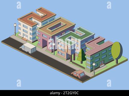 Illustration der isometrischen Stadtlandschaft mit den Zahlen 2024 aus Gebäudedächern, Vektorillustration. Stock Vektor