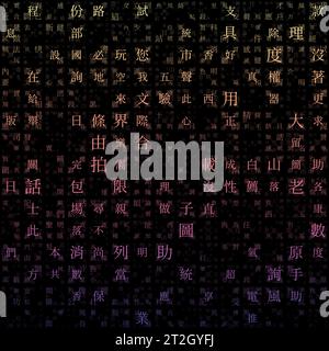 Abstrakter Hintergrund. Zufällige Zeichen des traditionellen chinesischen Alphabets. Gradiented Matrixmuster. Hintergründe in den Farben des Sonnenuntergangs. Stock Vektor