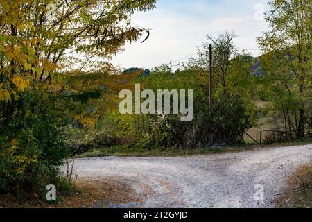 Eine Kreuzung von Schotterstraßen innerhalb des Dorfes, umgeben von wunderschönen Bäumen und Büschen, die mit goldenen Herbstfarben verziert sind Stockfoto