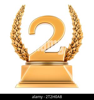 2. Platzieren Sie den goldenen Trophäenbecher, 3D-Rendering isoliert auf weißem Hintergrund Stockfoto