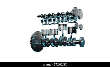 Nahaufnahme detailliertes, vollständig strukturiertes 3D-Rendering eines funktionierenden V8-Motors mit Kolben, Nockenwelle, Ventilen und anderen mechanischen Teilen. Premium-Fahrzeugbauteil mit präziser, meisterhafter Technik Stockfoto