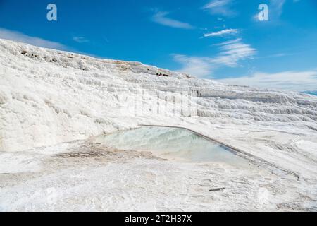 Weiße Terrassen (natürliche Travertinformationen und heiße Pools) in Pamukkale, Türkei. Die Terrassen bestehen aus Travertin, einem sedimentären Gestein, das b abgelegt wurde Stockfoto