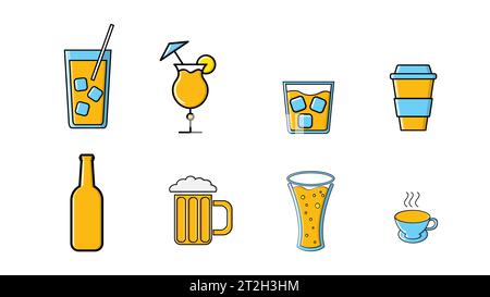 Icons Set von alkoholischen und nicht-alkoholischen Getränken Flaschen und Tassen Tee Kaffee Bier Cocktails und Whiskey Wodka mit Eis auf einem weißen Hintergrund mit einem Stock Vektor