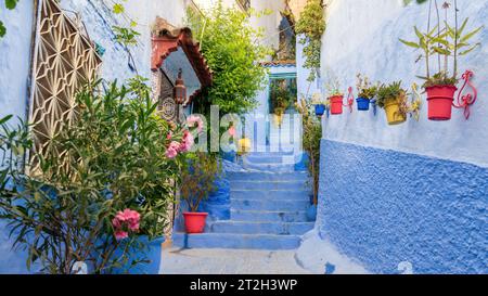 Chefchaouen Stadt in Marokko, bekannt als die Blaue Perle, berühmt für ihre auffällig blau bemalten Medina Gebäude und Straßen, die eine einzigartige und m Stockfoto