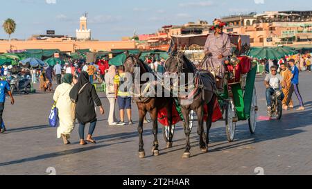 Marrakesch, Marokko - 15. September 2022: Pferdekutsche auf dem berühmten Marktplatz Jemaa el Fnaa in der Altstadt von Marrakesch. Pferde werden für den Tourismus verwendet Stockfoto