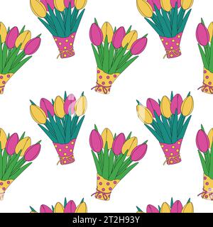 Endloses Muster farbenfroher Tulpensträuße in trendigen hellen Tönen. Abstrakter Hintergrund. Isolieren. EPS. Vektor für Tapeten, Verpackungen, Poster, Banner, Gruß oder Karte, Preis, Etikett oder Web Stock Vektor