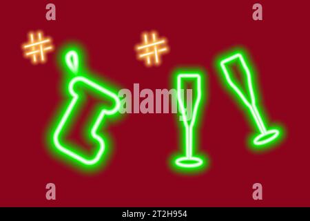 Neonleuchtende Ikonen aus Geschenksocken, 2 Weingläsern und Hashtags. Konzept für Grußworte oder Suche. Vektor für Poster, Banner, Broschüren, Plakate, Glückwünsche oder Einladungskarten, Preise, Etiketten oder Web Stock Vektor