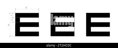 E-Diagramm Augenprüfsymbol mit Messungen, die medizinische Illustration umfallen. Linienvektor Skizzenstil Kontur isoliert. Augenoptometriker zur Untersuchung optischer Brillen Stock Vektor