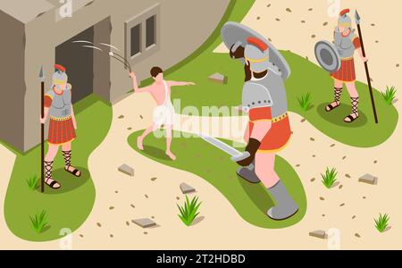 Bibelgeschichte Hintergrund mit Glauben und Tradition Symbole isometrische Vektor Illustration Stock Vektor