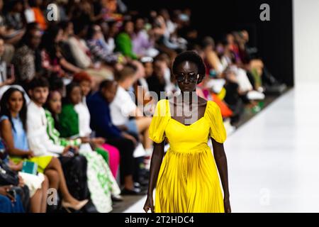 Johannesburg, Südafrika. Oktober 2023. Ein Model präsentiert eine Kreation der Herbst/Winter 2024 Kollektion von Elwen Designs während der South African Fashion Week in Johannesburg, Südafrika, am 19. Oktober 2023. Quelle: Zhang Yudong/Xinhua/Alamy Live News Stockfoto