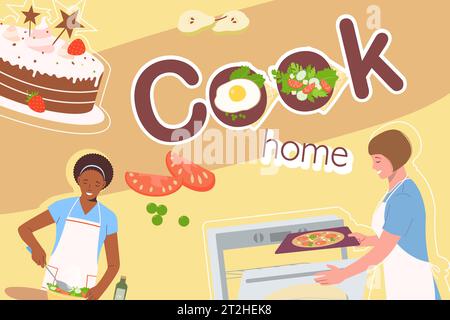 Kochen Sie Hauskomposition mit Collage von flachen Lebensmitteln Ikonen mit weiblichen Charakteren Schneiden und Braten von Mahlzeiten Vektor Illustration Stock Vektor