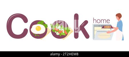 Kochen Sie Haus flache Komposition von Textsymbolen von Spiegeleiern Salat und weiblichen Charakter in der Nähe Herd Vektor Illustration Stock Vektor