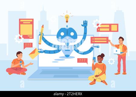 Chatbot-Kundensupport flaches Konzept mit Personen, die mit virtuellem Assistenten Online-Vektor-Illustration chatten Stock Vektor