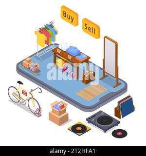 Isometrisches Konzept des Garagenverkaufs mit Mobiltelefon und Vektor-Illustration für Vintage-Waren Stock Vektor