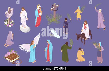 Ostern isometrischer Satz mit Zeichen von jesus christus und Jungfrau maria isoliert auf farbigem Hintergrund 3D Vektor Illustration Stock Vektor