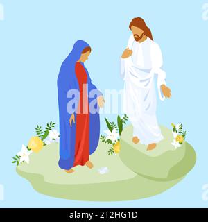 Isometrische Zeichen von jesus christus und Jungfrau maria auf blauer Hintergrund Vektorillustration Stock Vektor