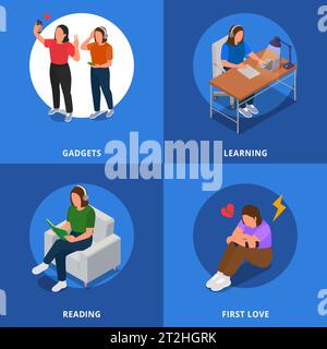 Teenager Konzept Symbole gesetzt mit erste Liebe Symbole isometrische isolierte Vektor-Illustration Stock Vektor