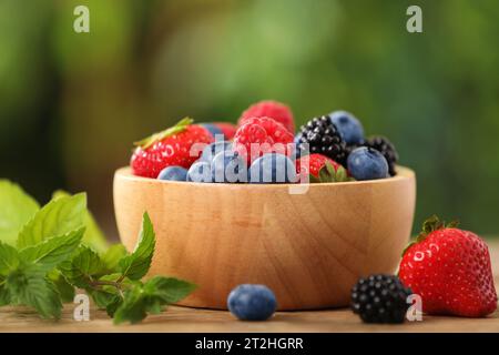 Schüssel mit verschiedenen frischen Reifen Beeren und Minze auf Tisch draußen, Nahaufnahme Stockfoto