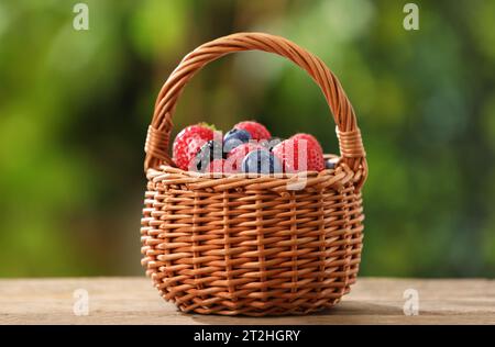 Korb aus Korb mit verschiedenen frischen, reifen Beeren auf Holztisch im Freien Stockfoto