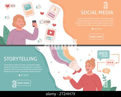 Flaches Banner mit persönlichem Branding mit Präsenz in sozialen Medien und Storytelling-Symbolen isolierte Vektorillustration Stock Vektor